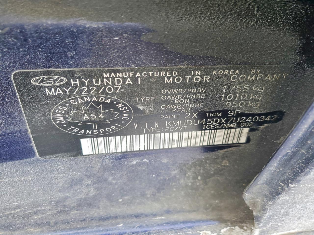 2007 HYUNDAI ELANTRA GL photo 12