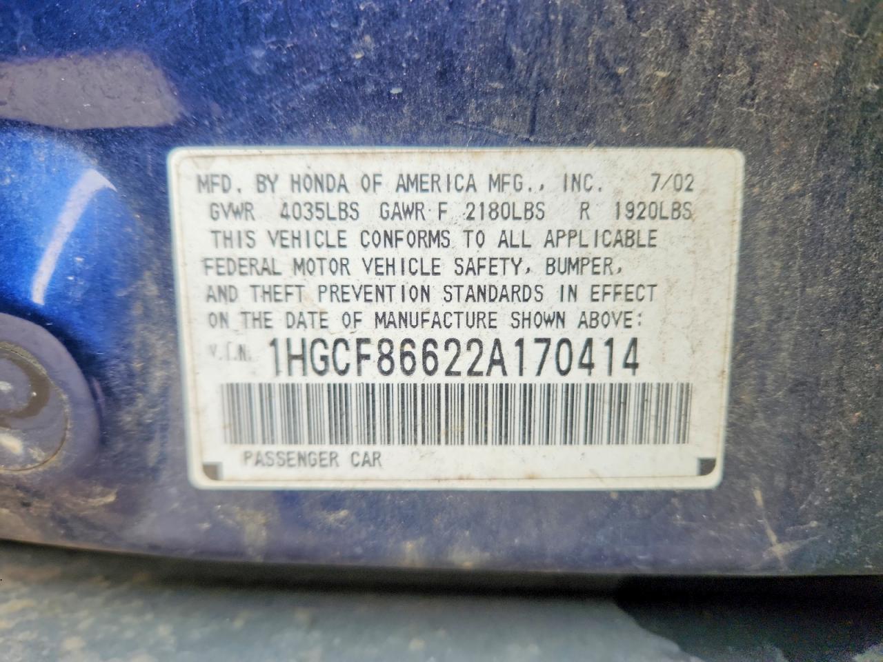 2002 HONDA ACCORD VALUE photo 12