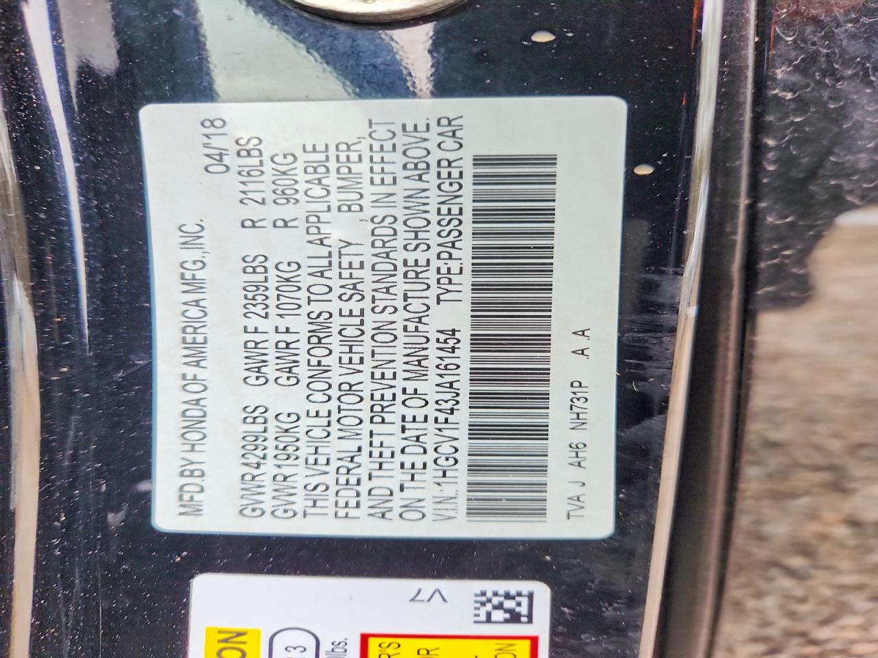 2018 HONDA ACCORD EX photo 12