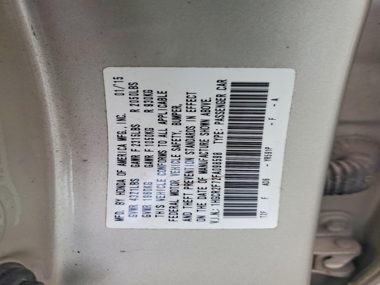 2015 HONDA ACCORD EX photo 12