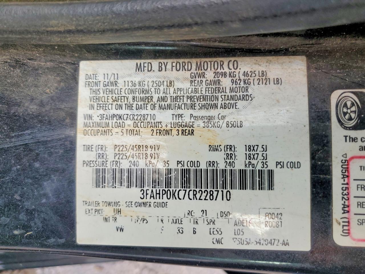 2012 FORD FUSION SPORT photo 49