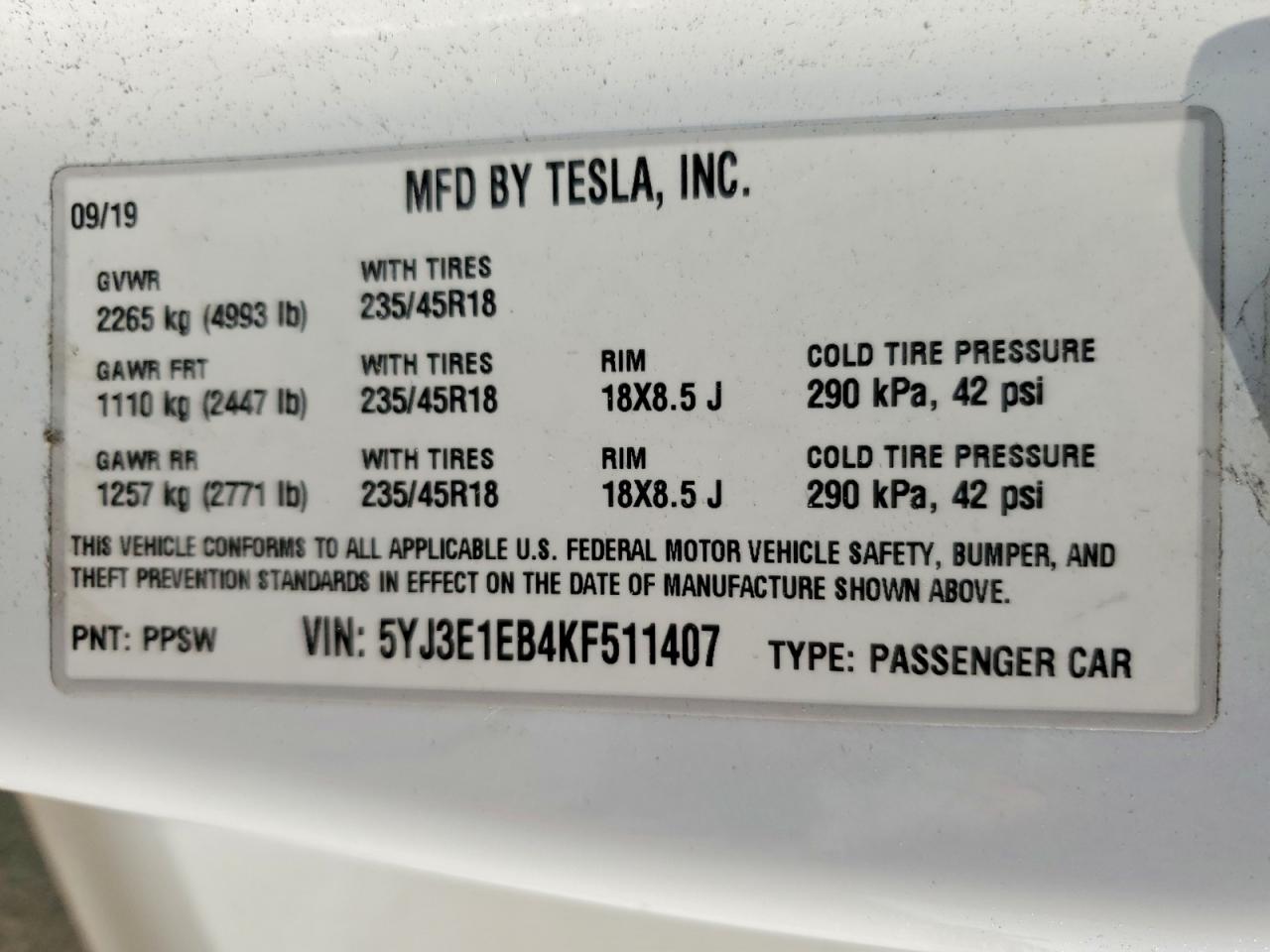 2019 TESLA MODEL 3 photo 12