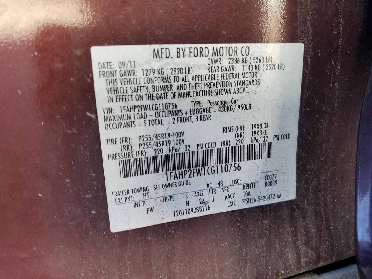 2012 FORD TAURUS LIMITED photo 12