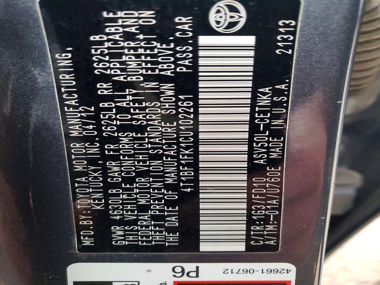 2012 TOYOTA CAMRY BASE photo 34