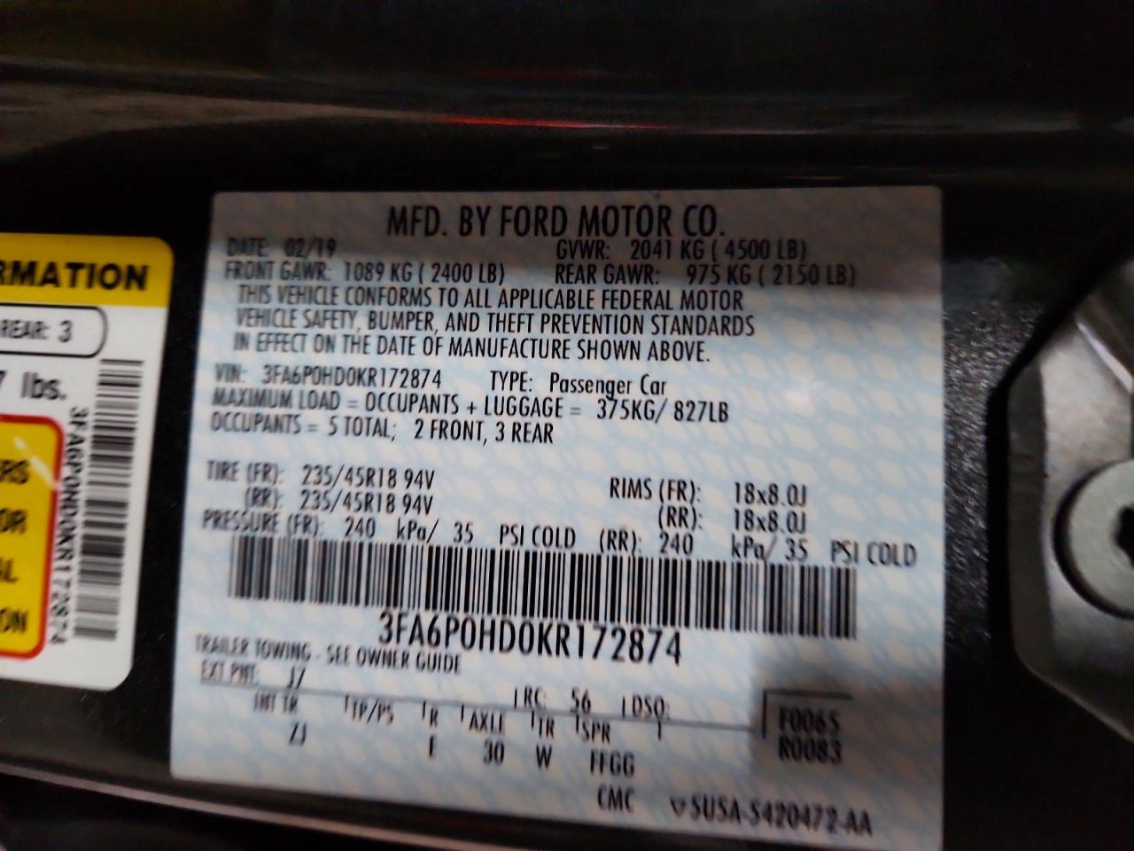 2019 FORD FUSION SE photo 12
