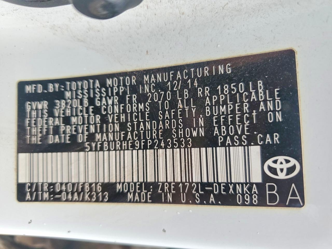 2015 TOYOTA COROLLA L photo 12