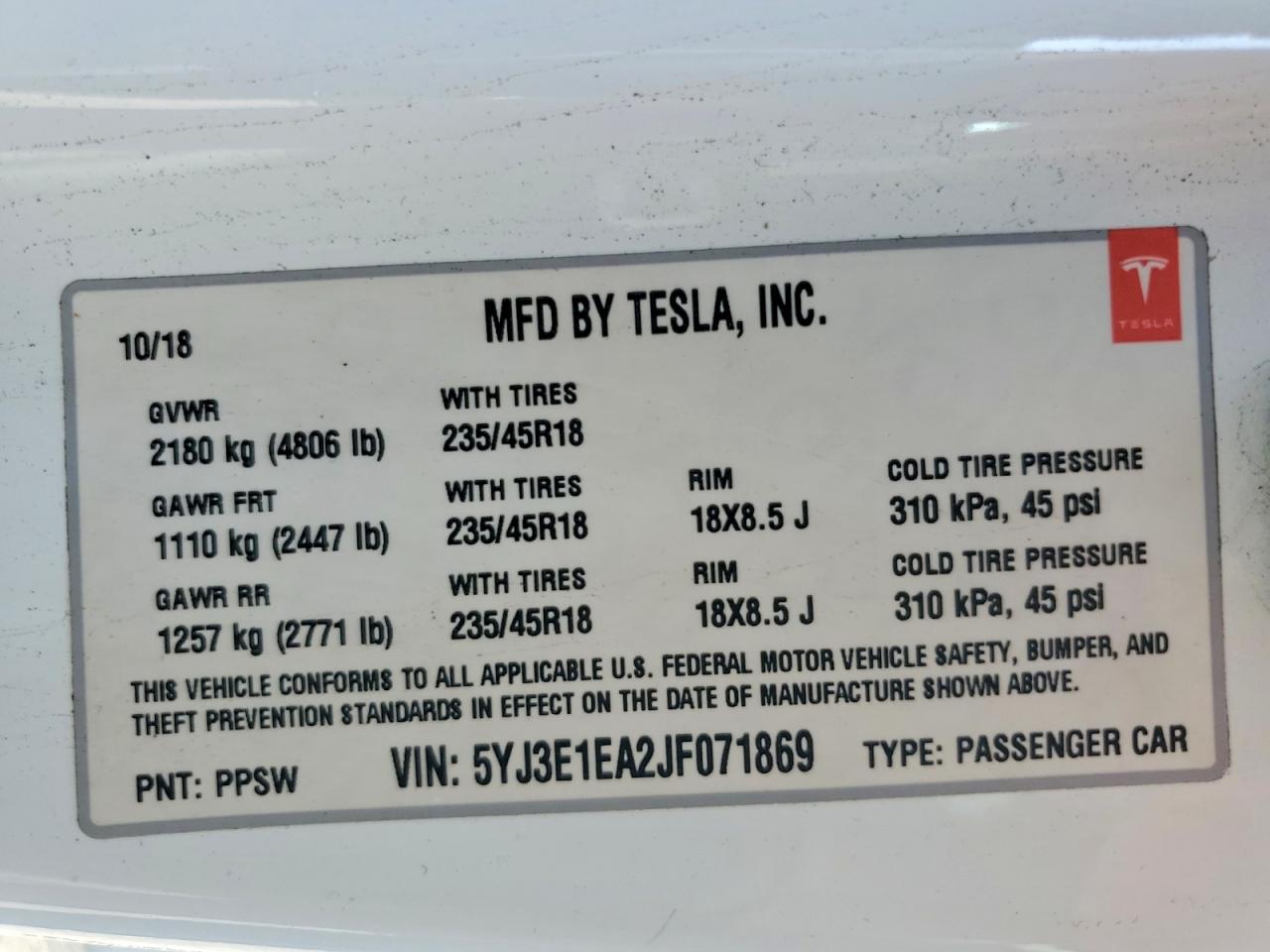 2018 TESLA MODEL 3 photo 12