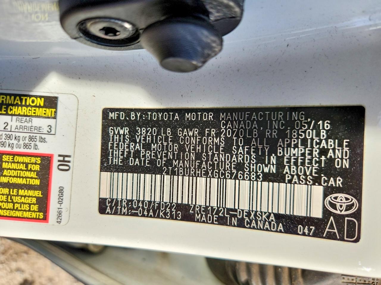 2016 TOYOTA COROLLA L photo 12