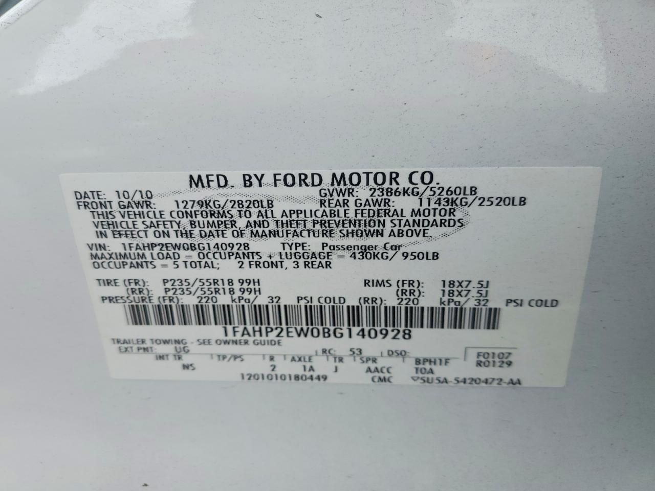 2011 FORD TAURUS SEL photo 34