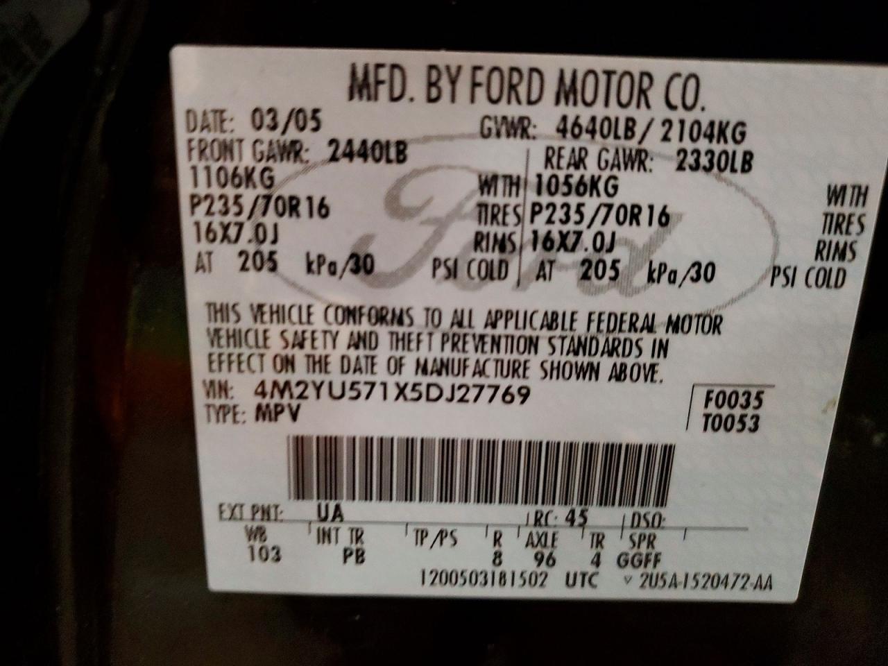 2005 MERCURY MARINER photo 25