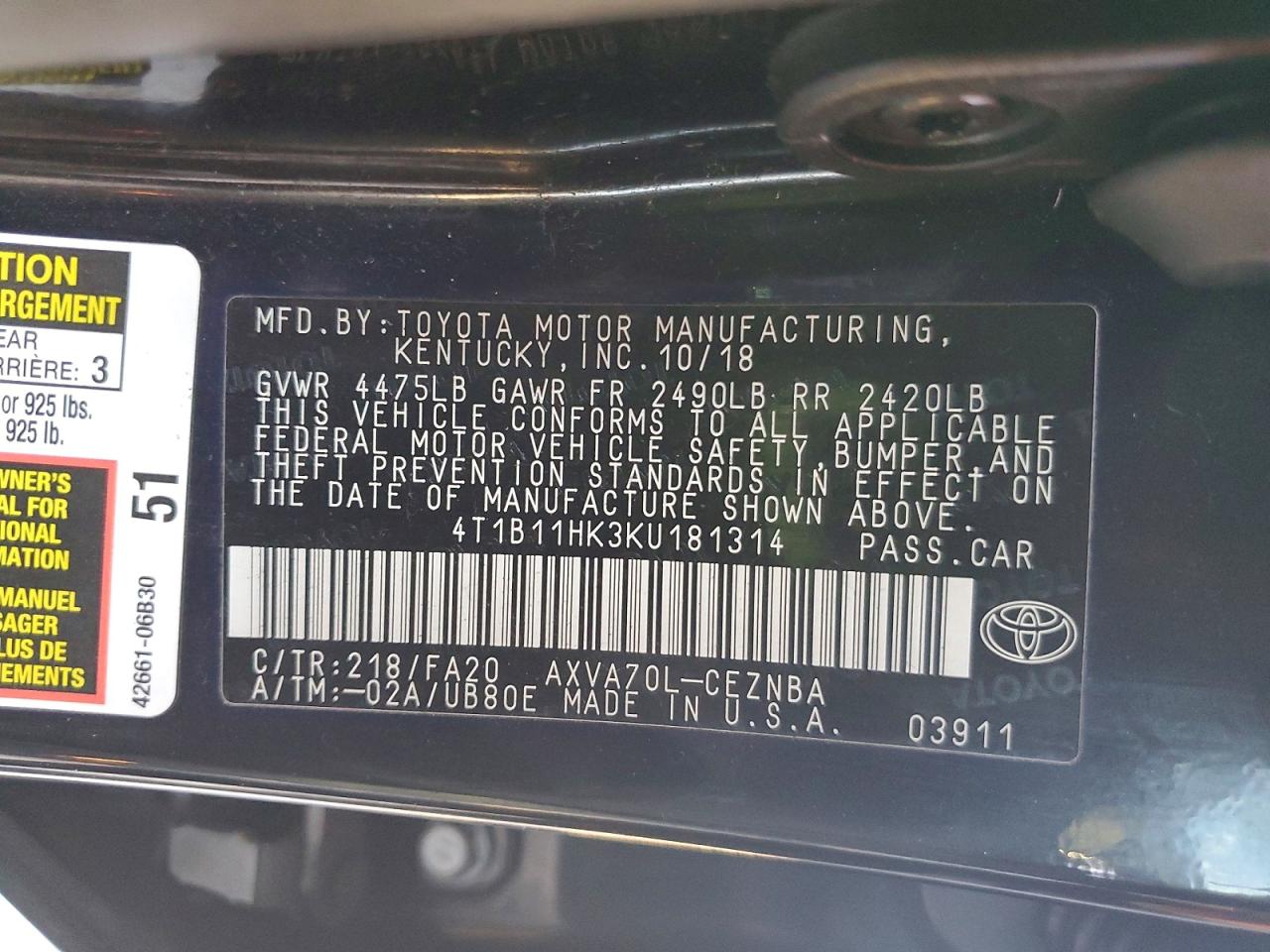 2019 TOYOTA CAMRY L photo 37