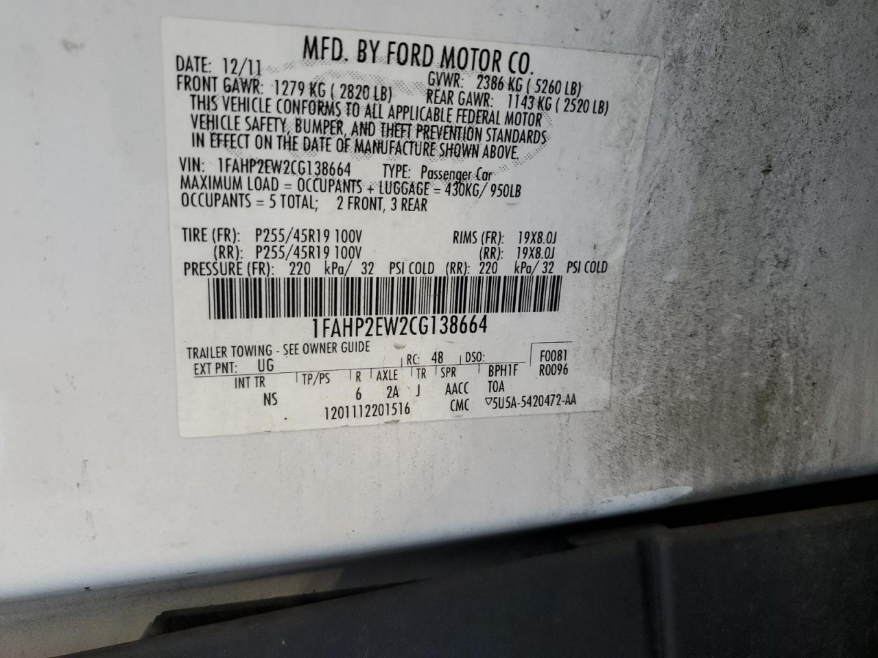 2012 FORD TAURUS SEL photo 34