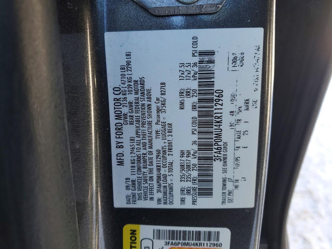 2019 FORD FUSION SEL photo 12