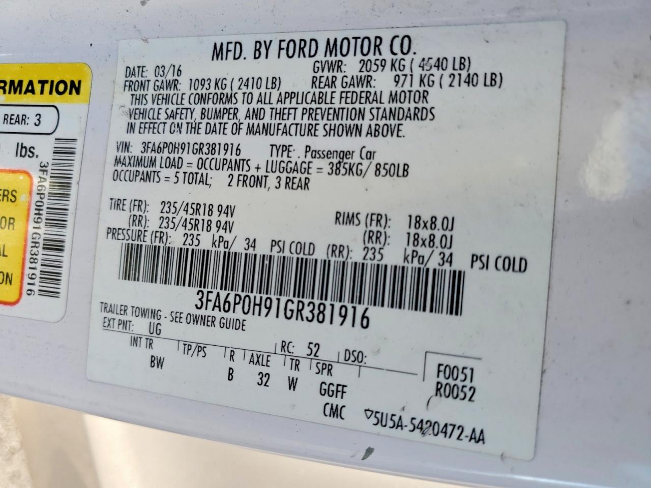 2016 FORD FUSION SE photo 12