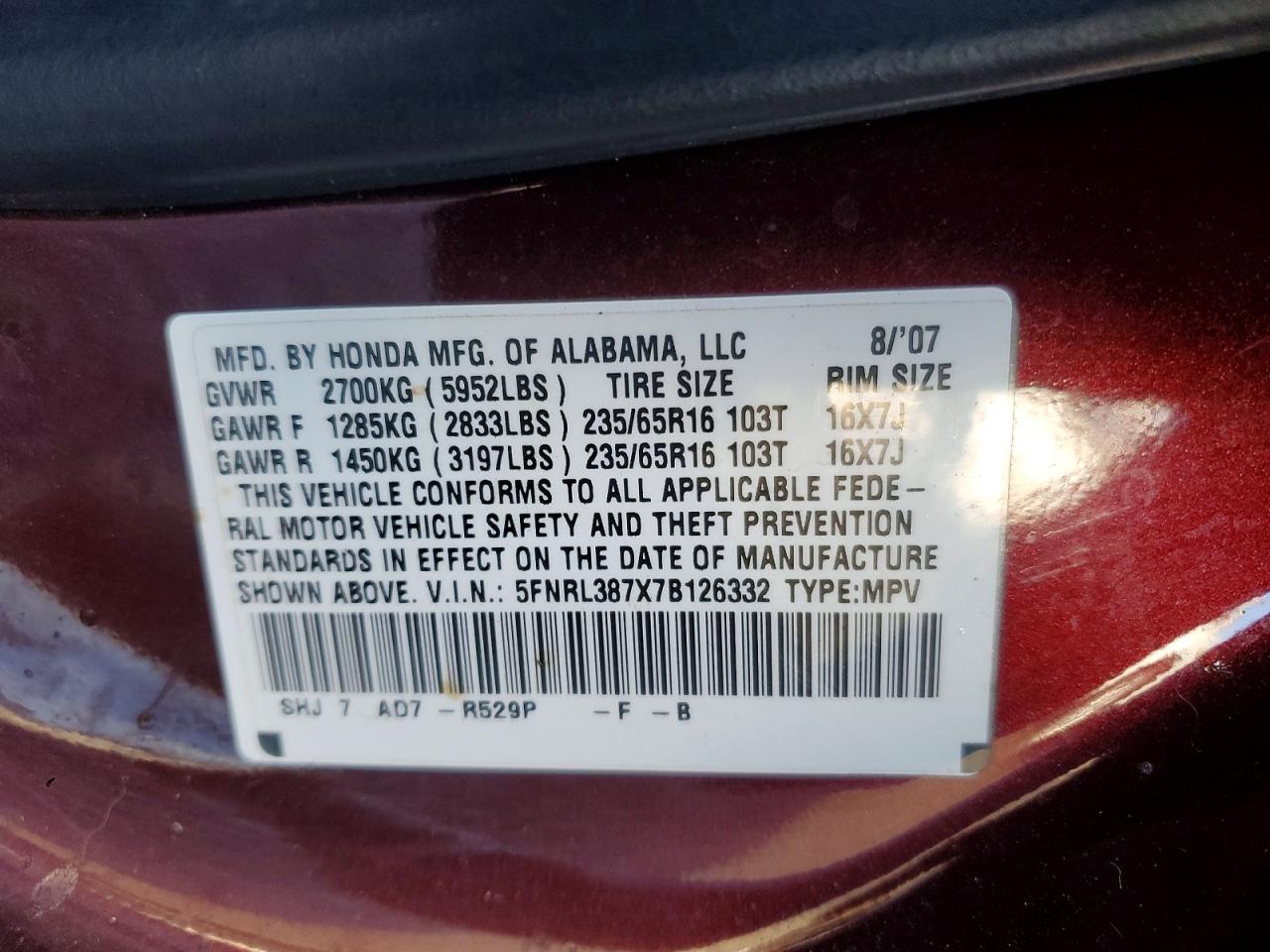 2007 HONDA ODYSSEY EXL photo 25