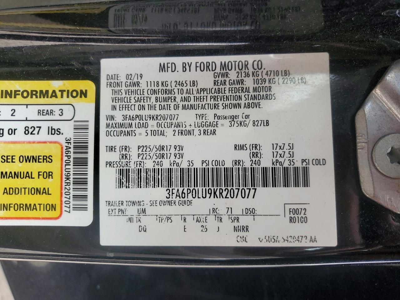 2019 FORD FUSION SE photo 12