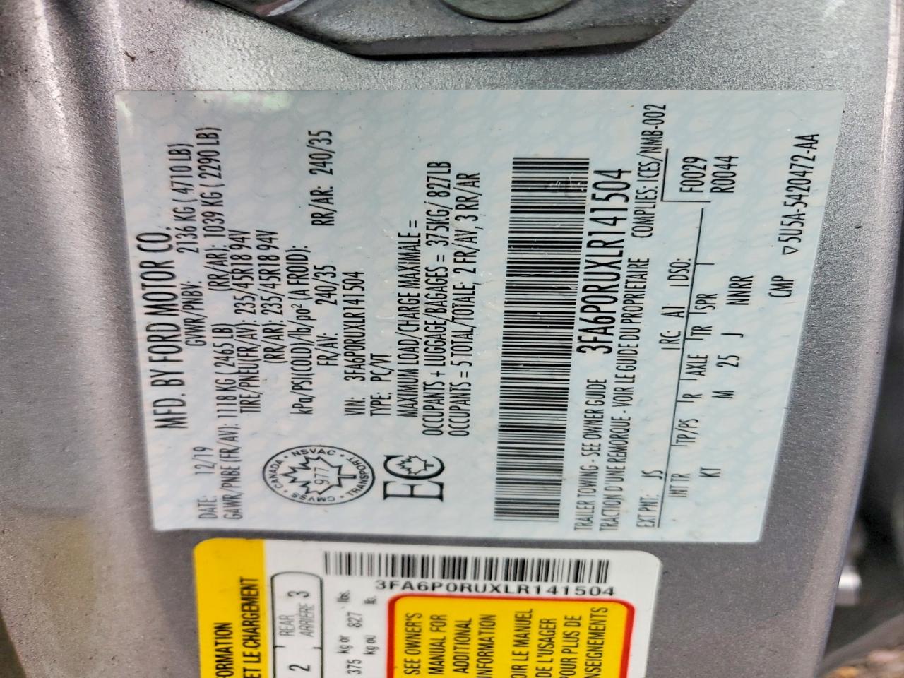 2020 FORD FUSION TITANIUM photo 13