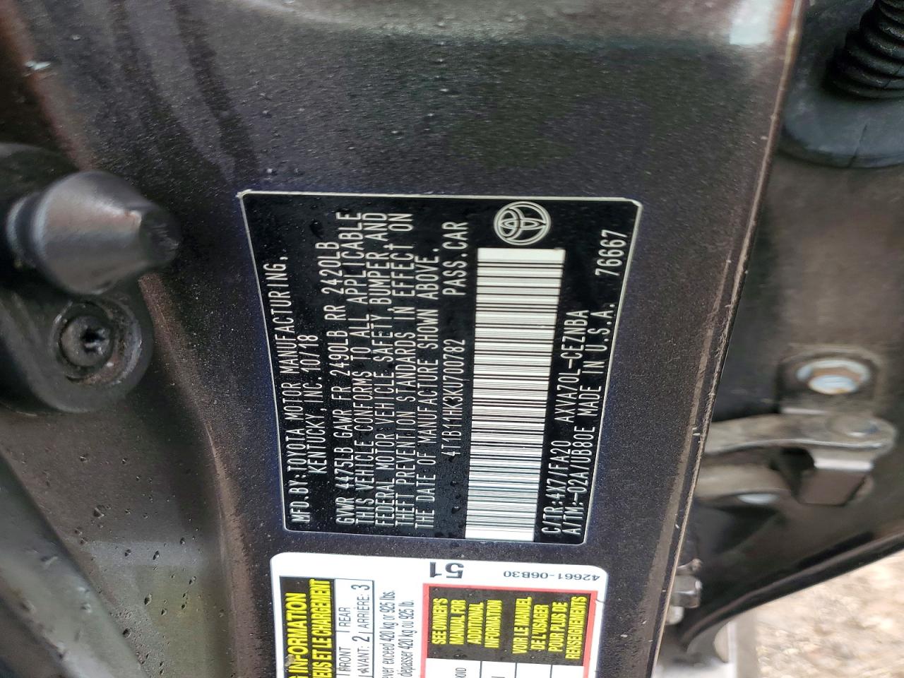 2019 TOYOTA CAMRY L photo 12