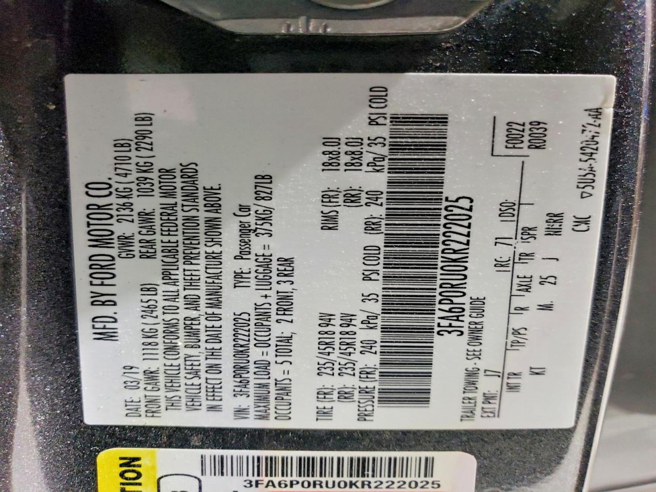2019 FORD FUSION TITANIUM photo 13