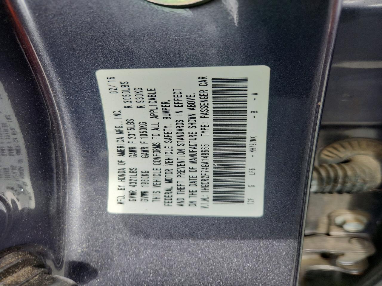 2016 HONDA ACCORD EX photo 23