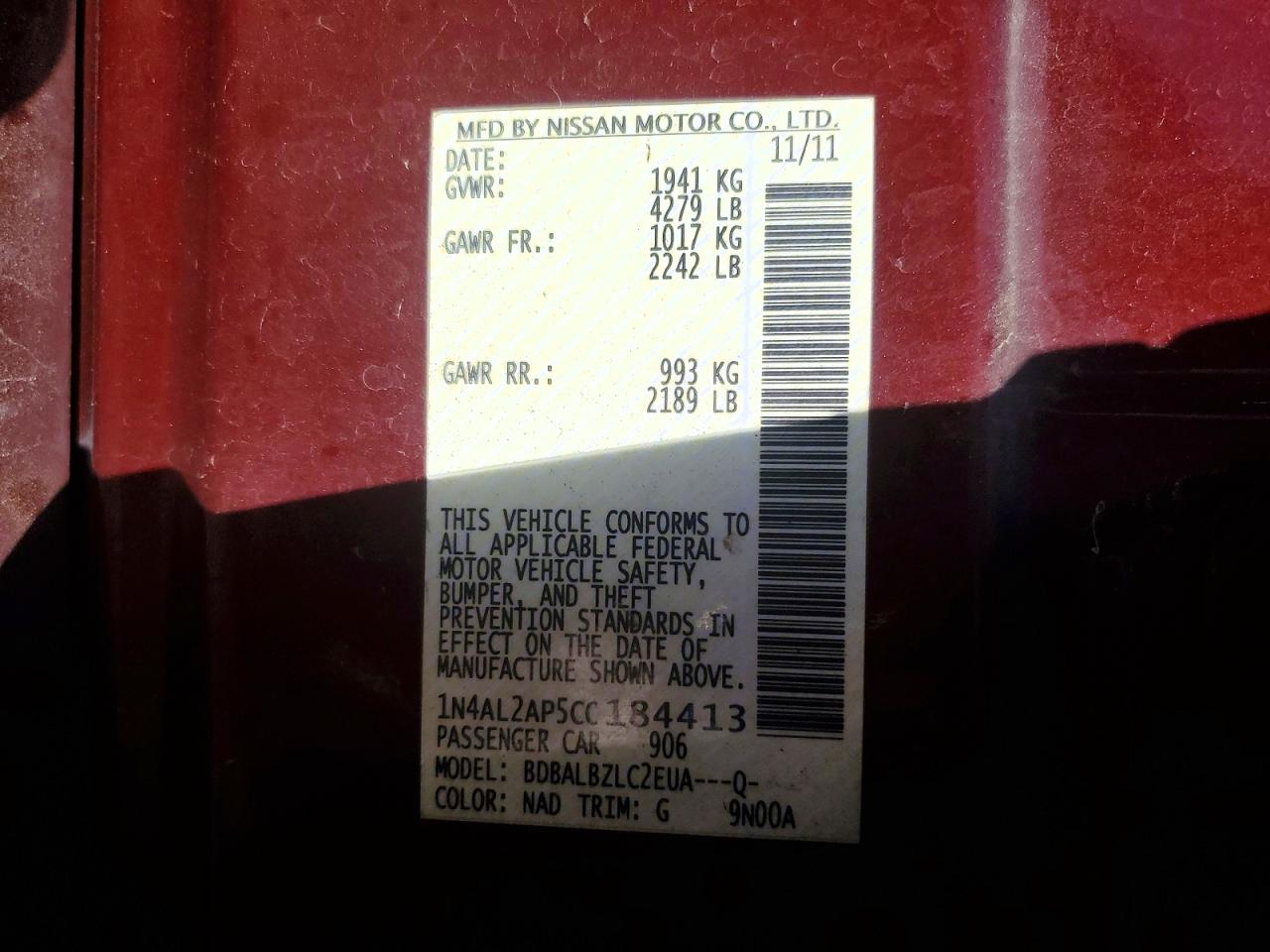2012 NISSAN ALTIMA BASE photo 12