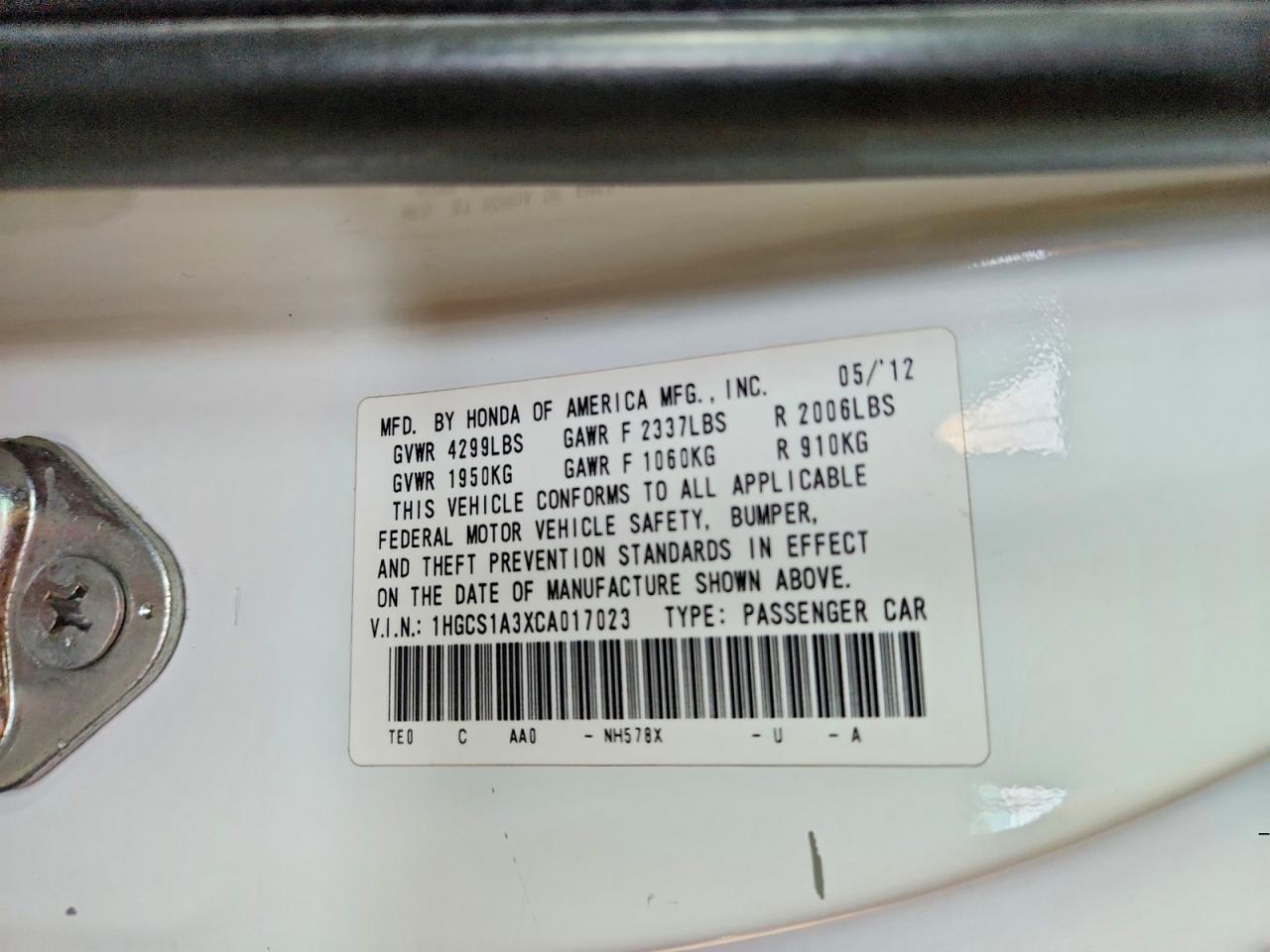 2012 HONDA ACCORD LX photo 12