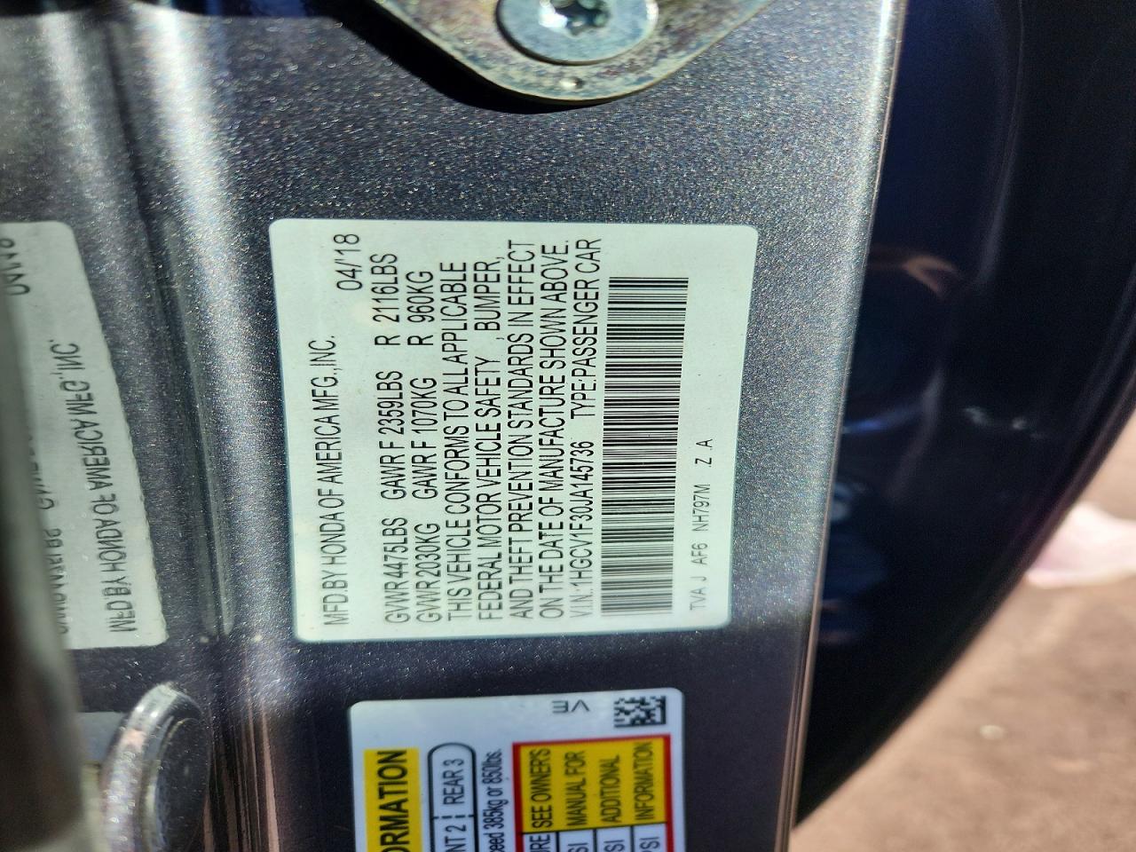 2018 HONDA ACCORD photo 13