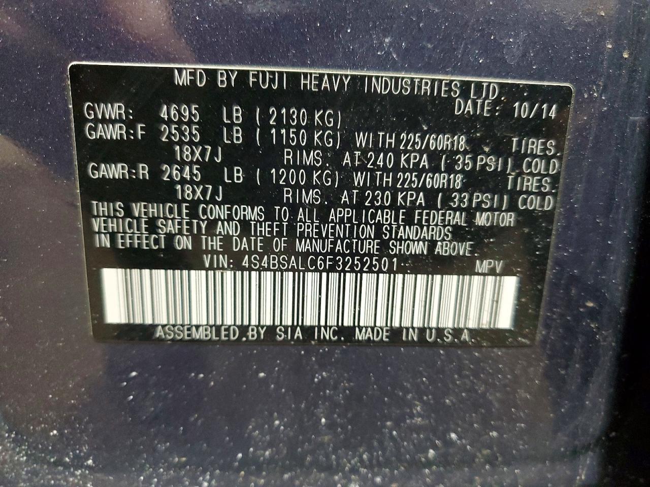 2015 SUBARU OUTBACK 2.5I LIMITED photo 12