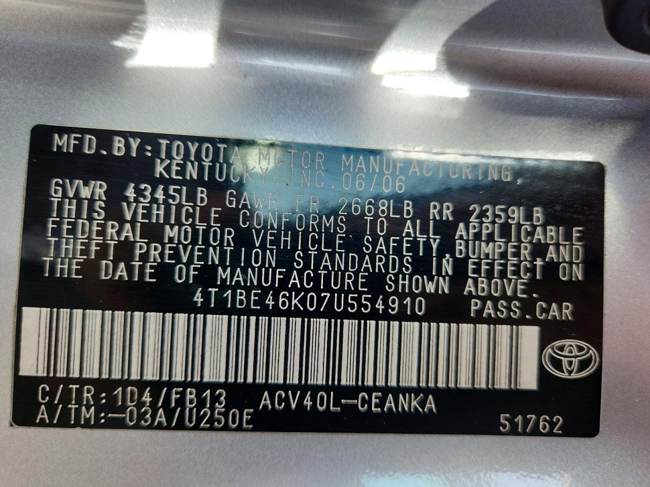 2007 TOYOTA CAMRY LE photo 25