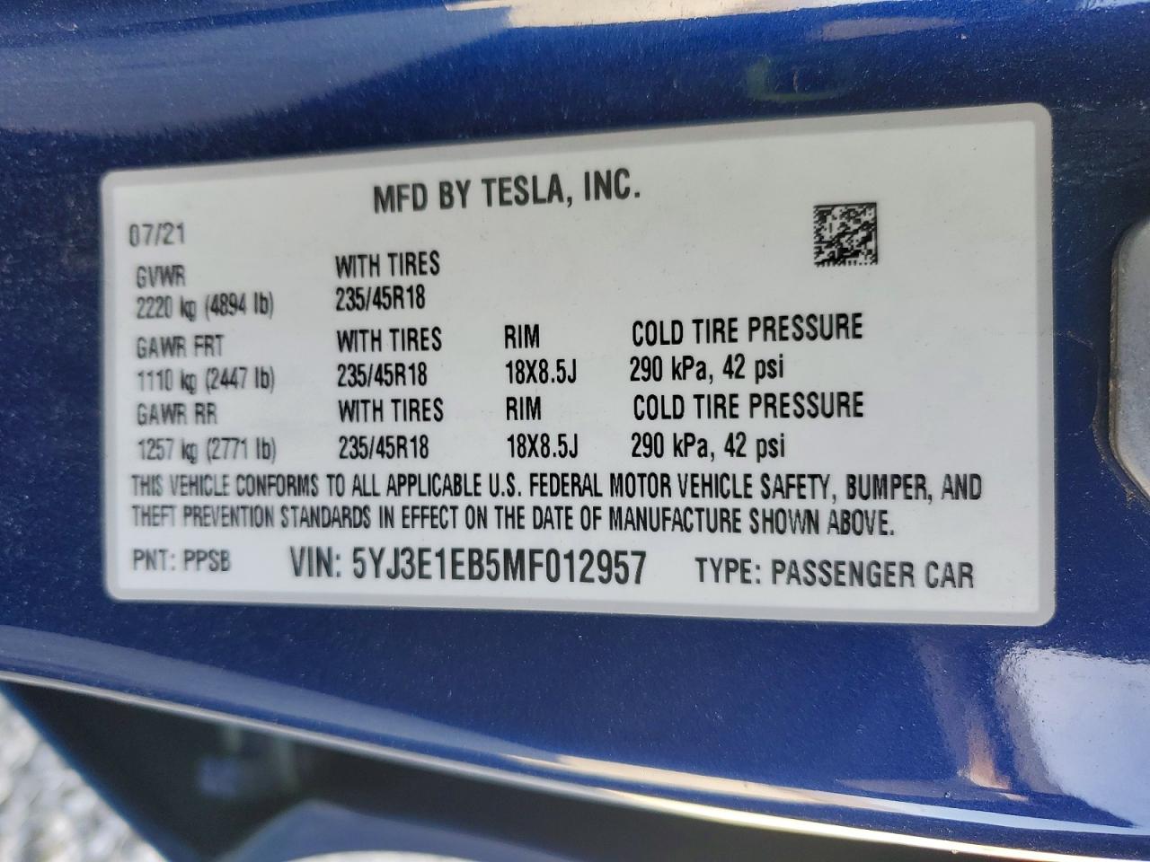 2021 TESLA MODEL 3 photo 23