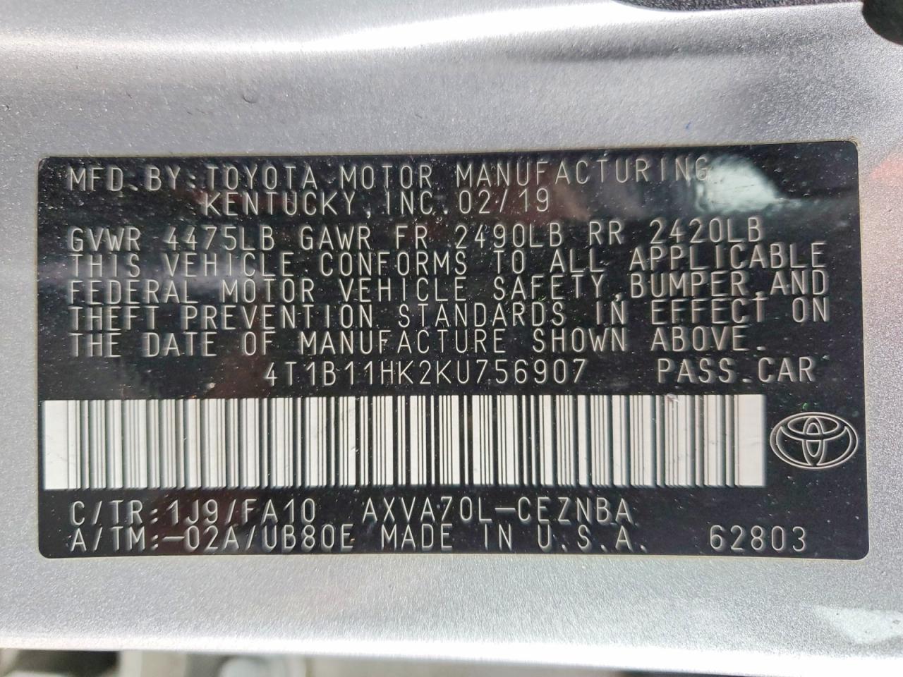 2019 TOYOTA CAMRY L photo 34