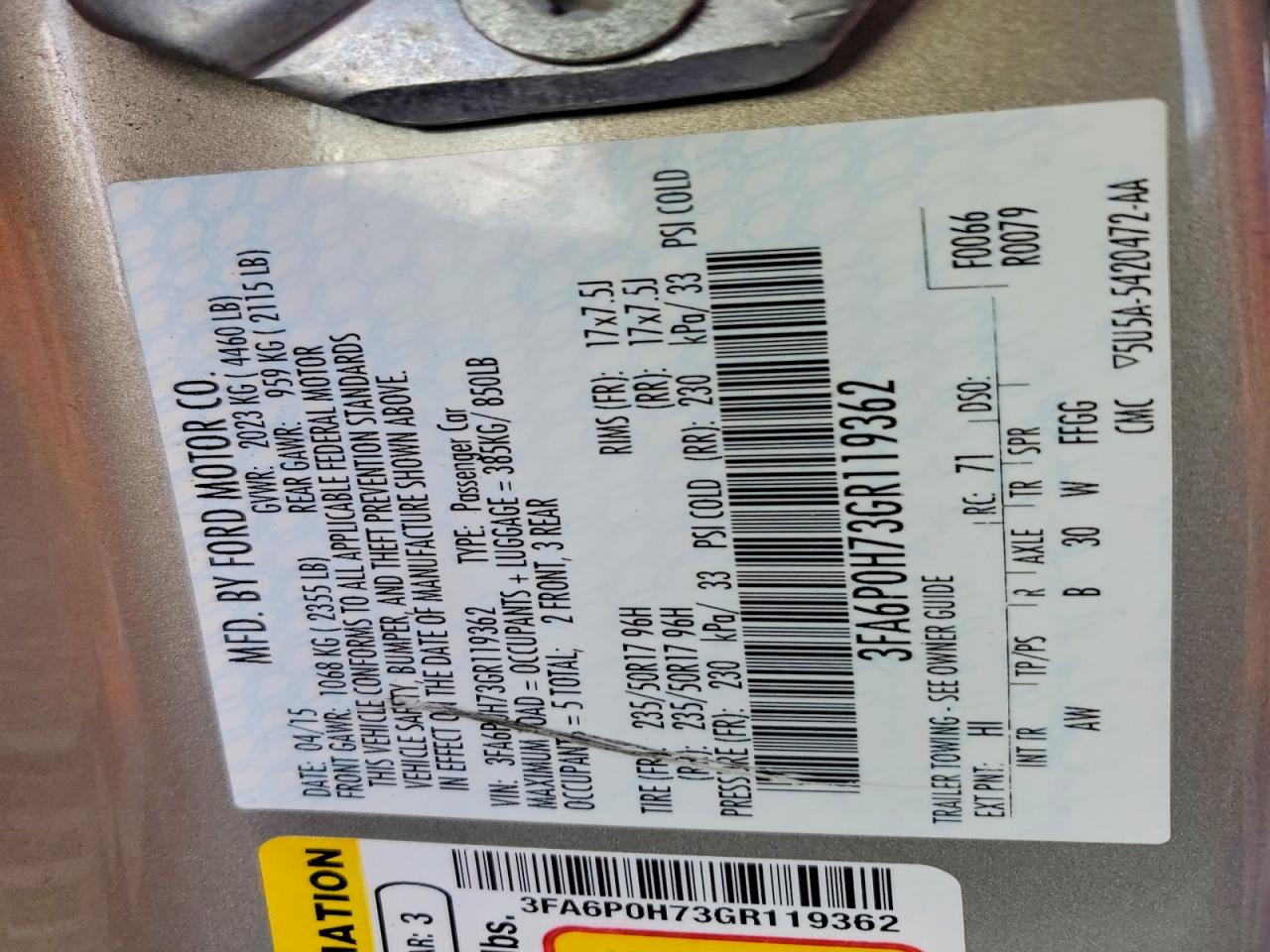 2016 FORD FUSION SE photo 34