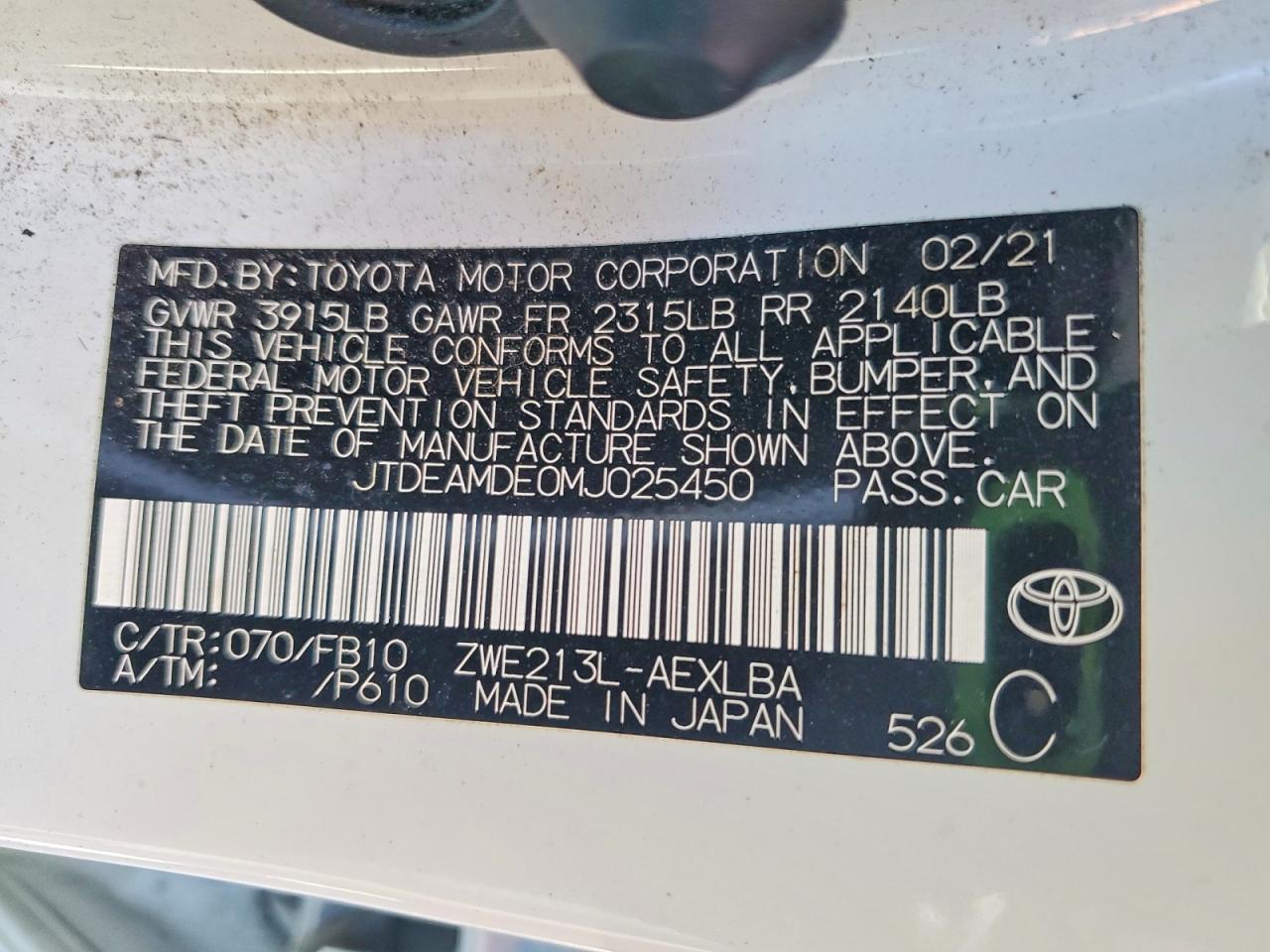 2021 TOYOTA COROLLA photo 12