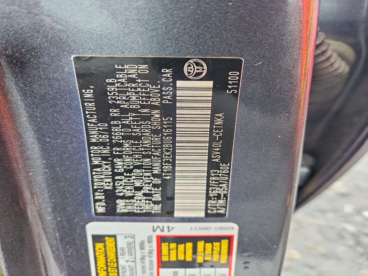 2011 TOYOTA CAMRY BASE photo 12