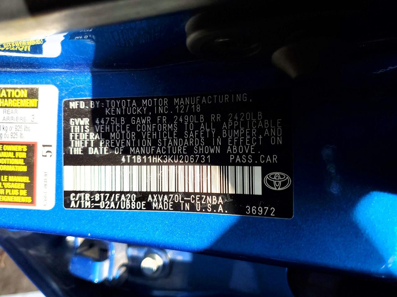 2019 TOYOTA CAMRY L photo 34