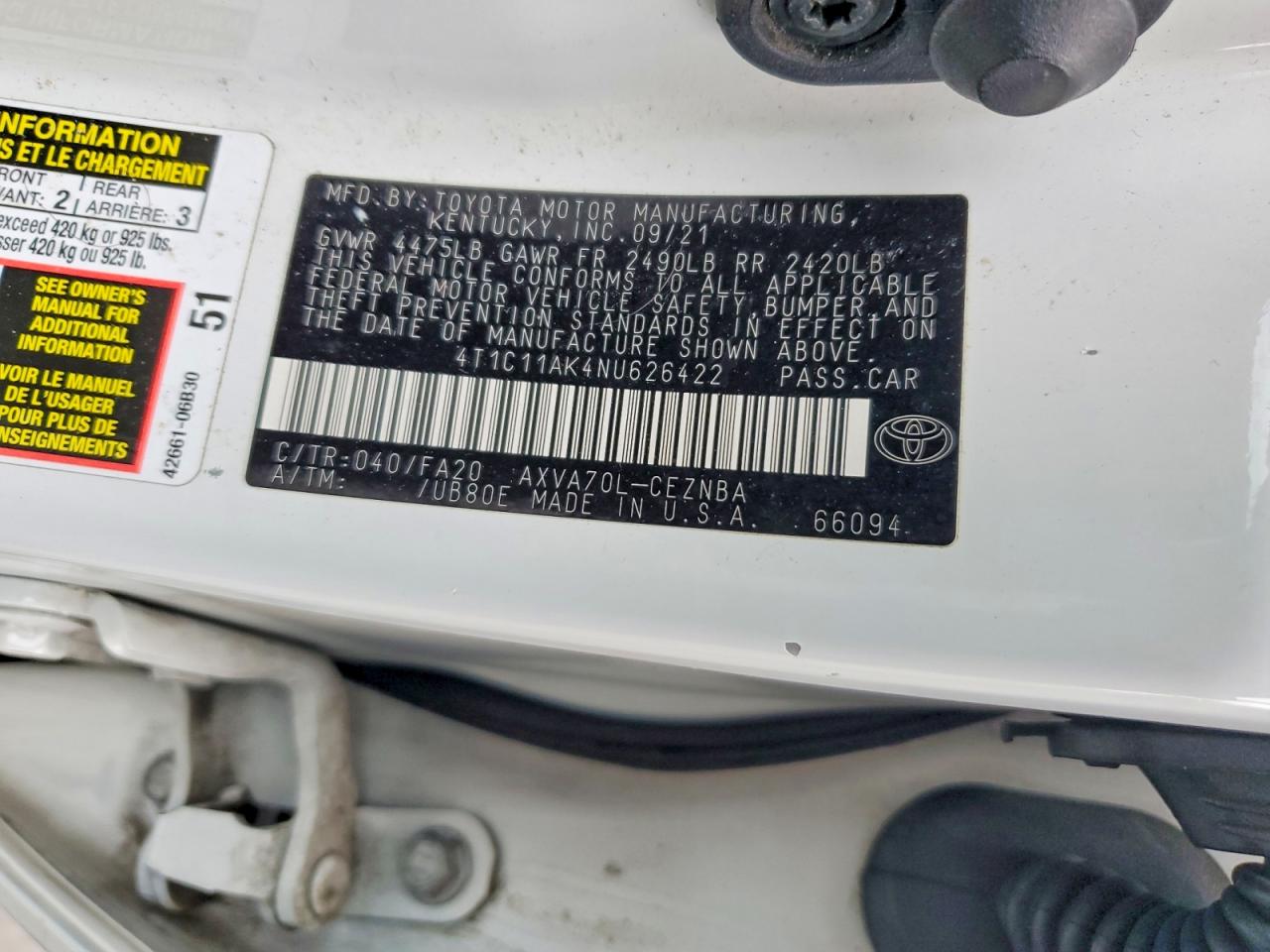 2022 TOYOTA CAMRY LE photo 12