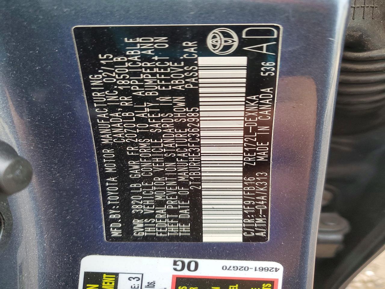 2015 TOYOTA COROLLA L photo 12
