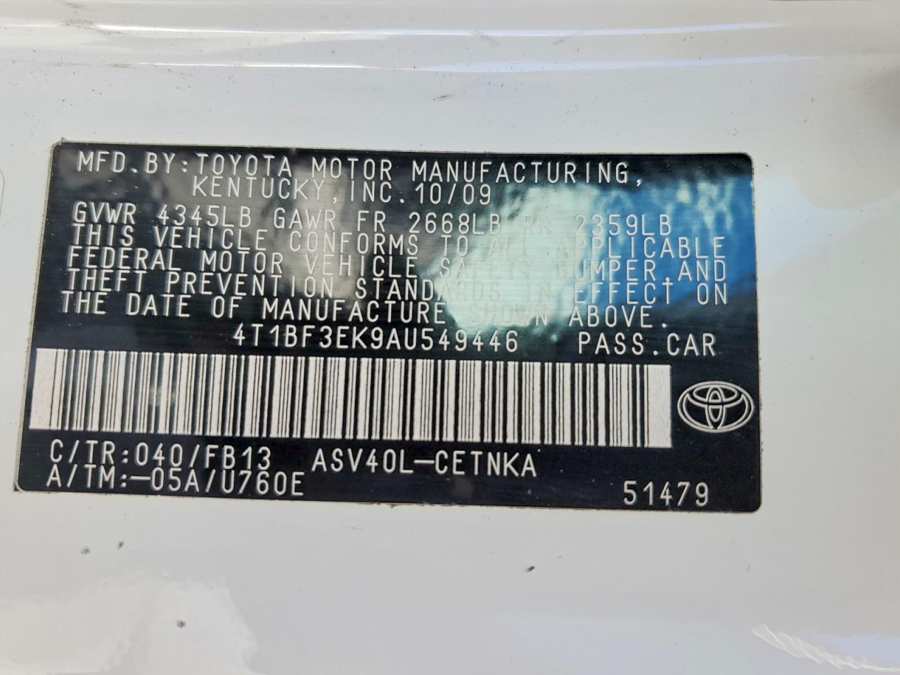 2010 TOYOTA CAMRY BASE photo 12