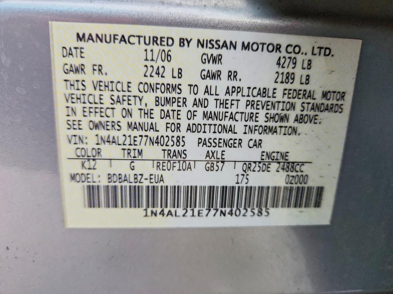 2007 NISSAN ALTIMA 2.5 photo 23