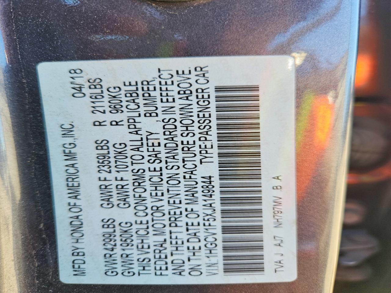 2018 HONDA ACCORD EXL photo 13