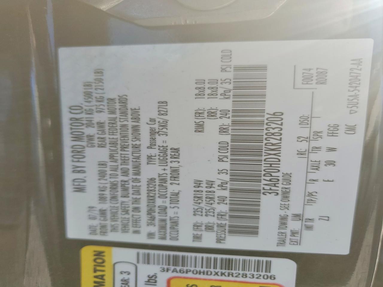 2019 FORD FUSION SE photo 13