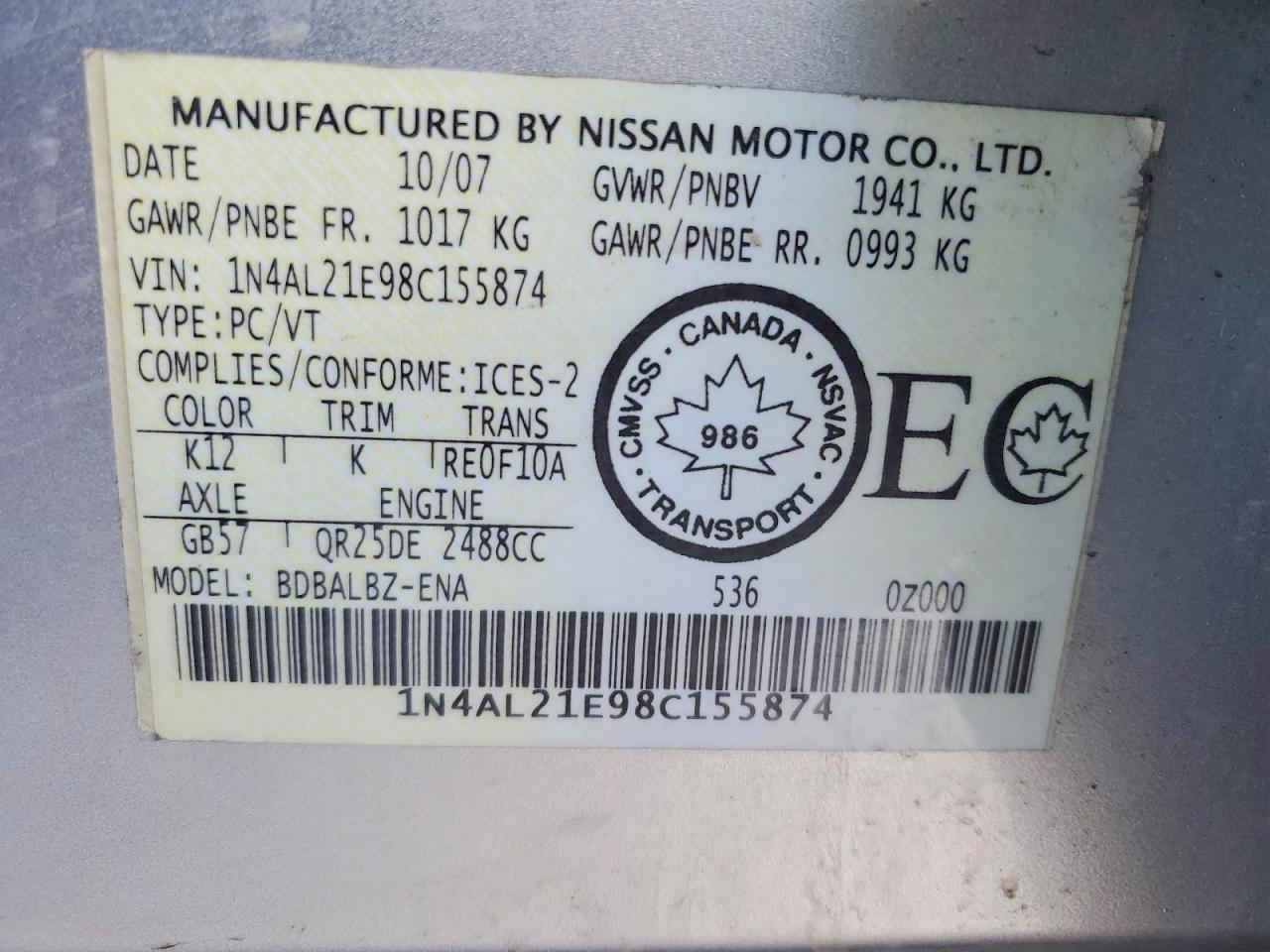 2008 NISSAN ALTIMA 2.5 photo 12
