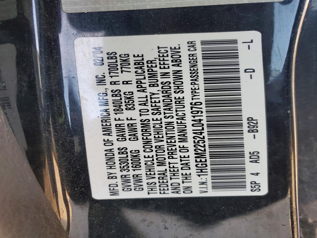 2004 HONDA CIVIC LX photo 12