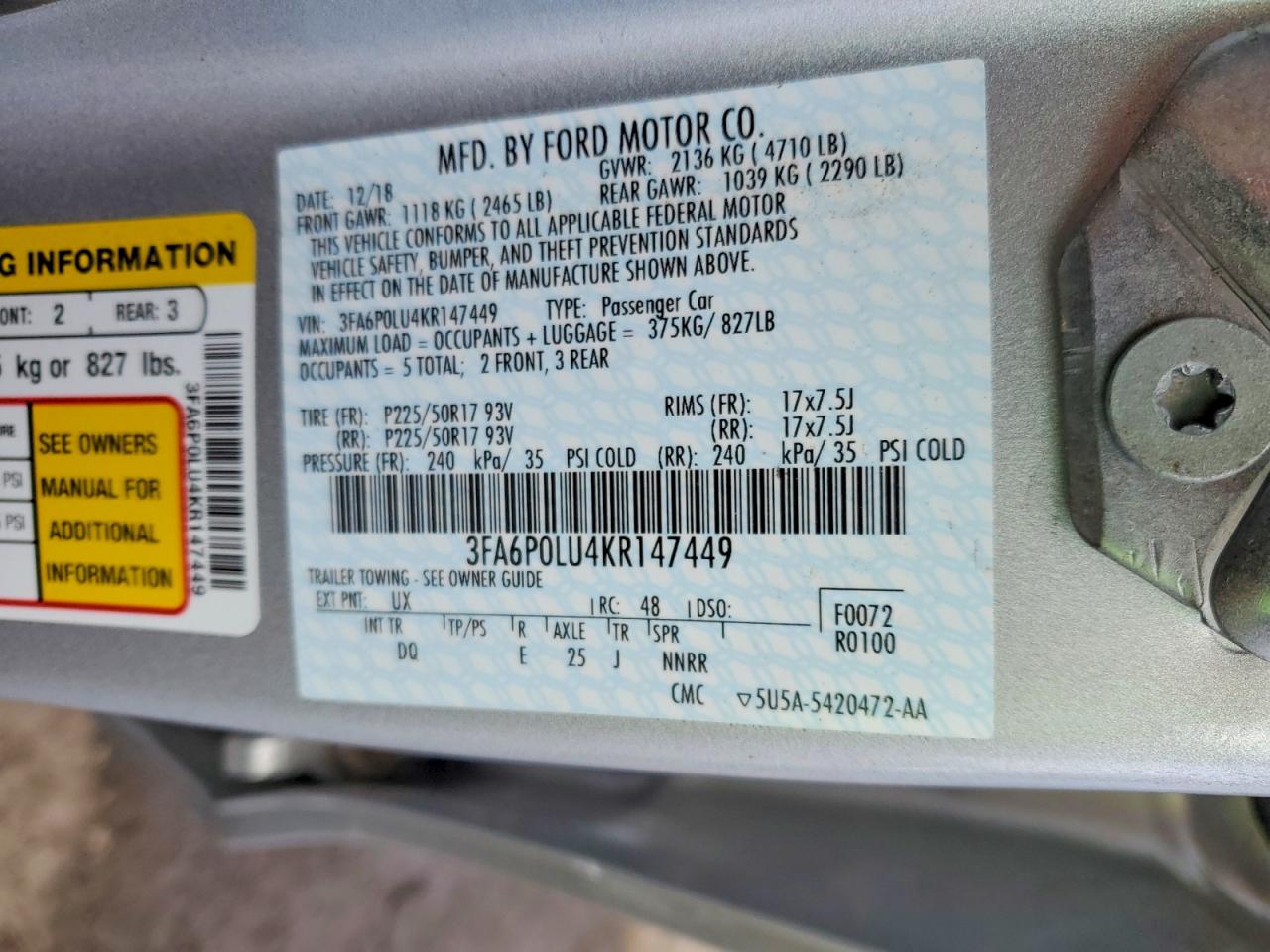 2019 FORD FUSION SE photo 12