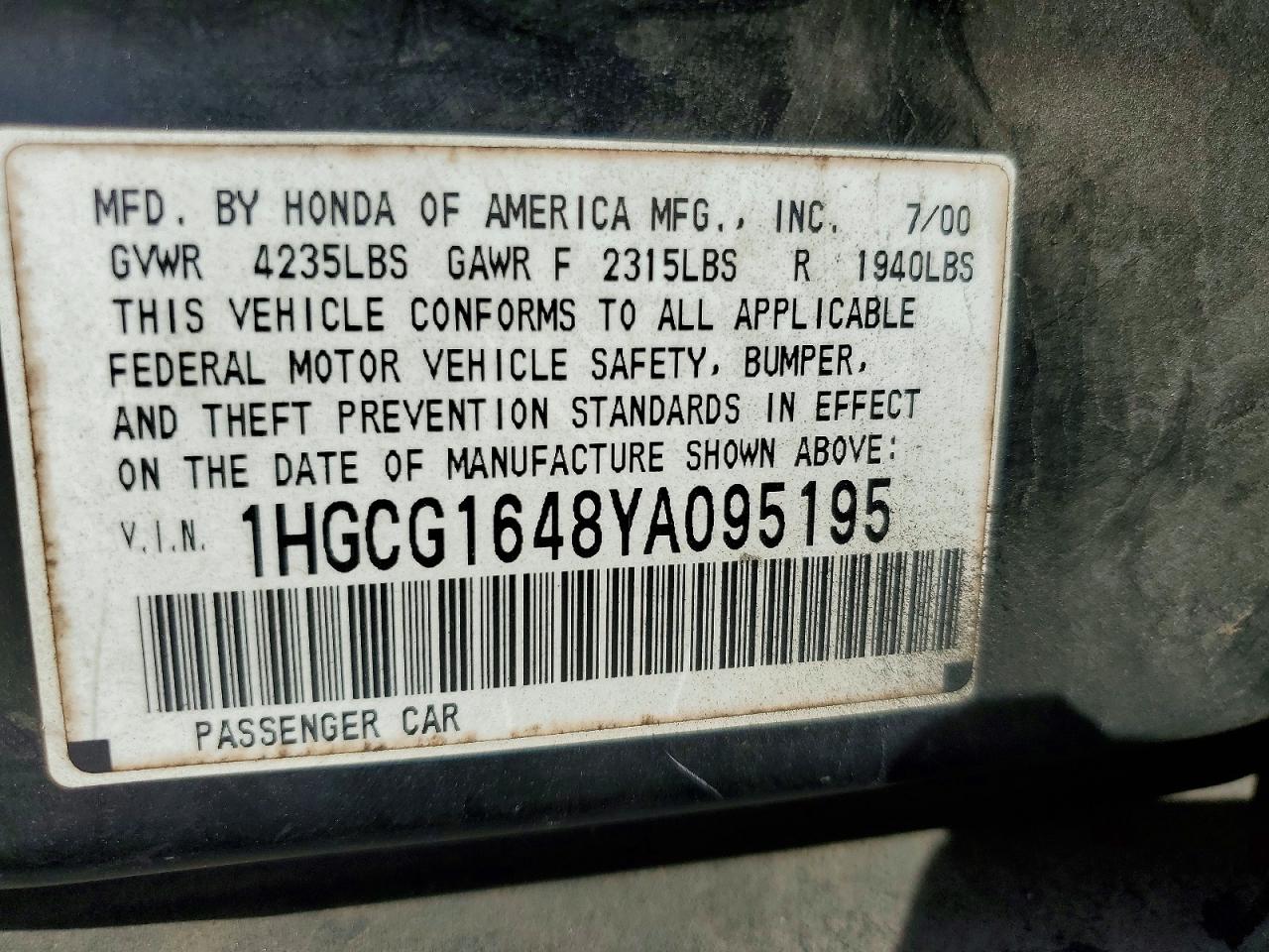 2000 HONDA ACCORD LX photo 34