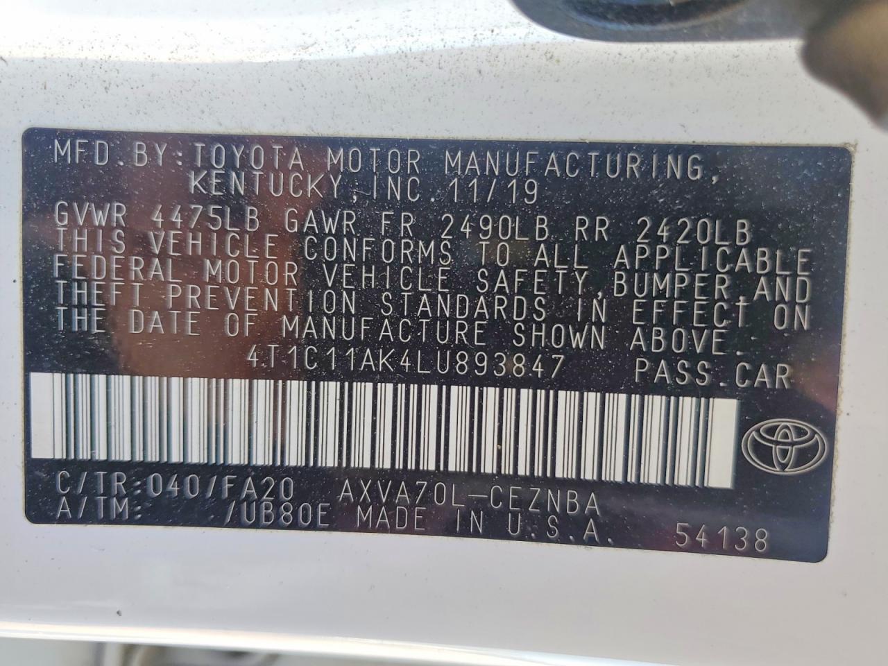2020 TOYOTA CAMRY LE photo 12