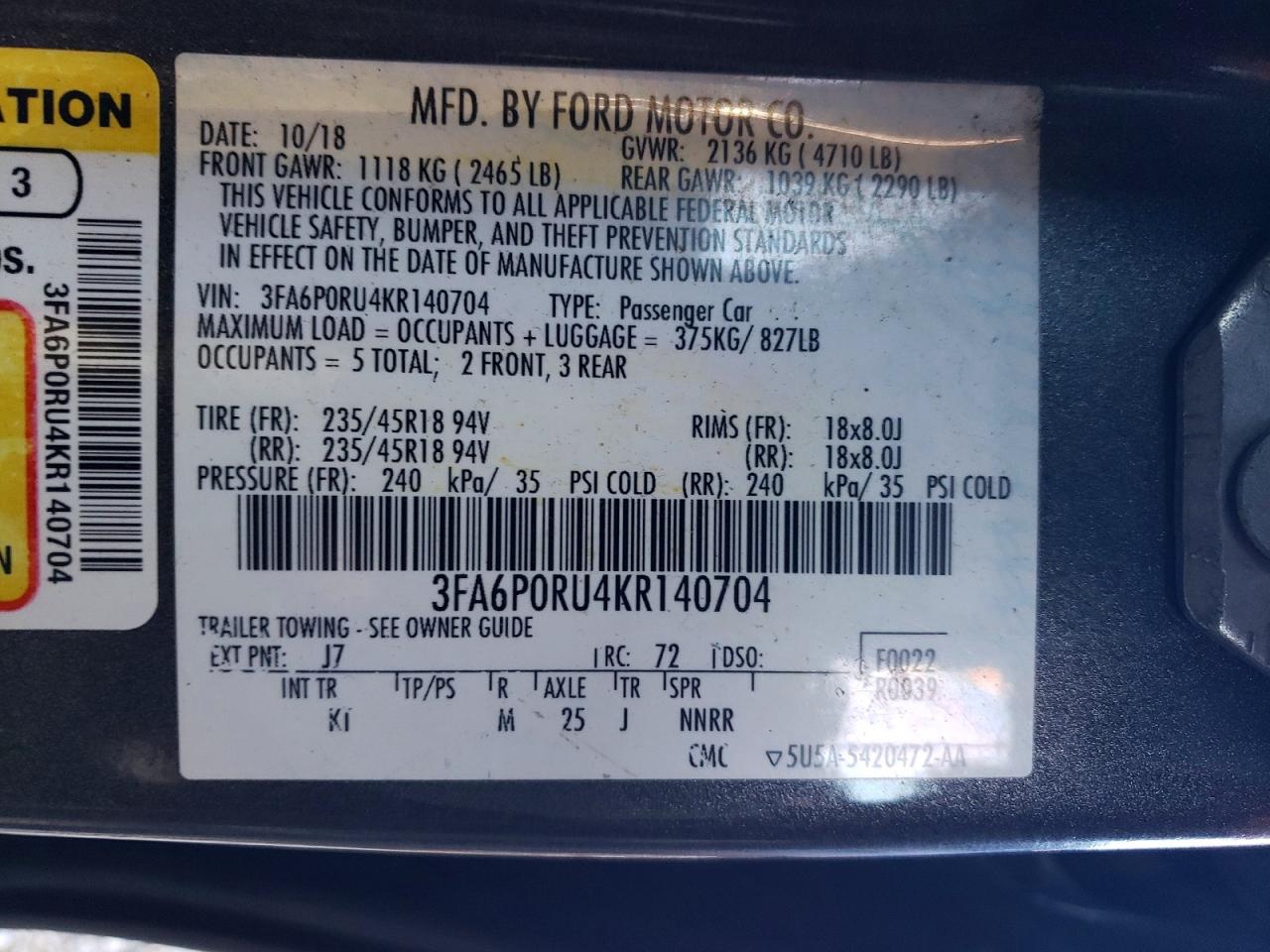 2019 FORD FUSION TITANIUM photo 12