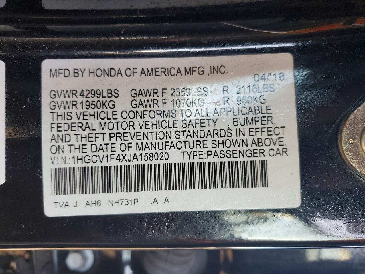 2018 HONDA ACCORD EX photo 12
