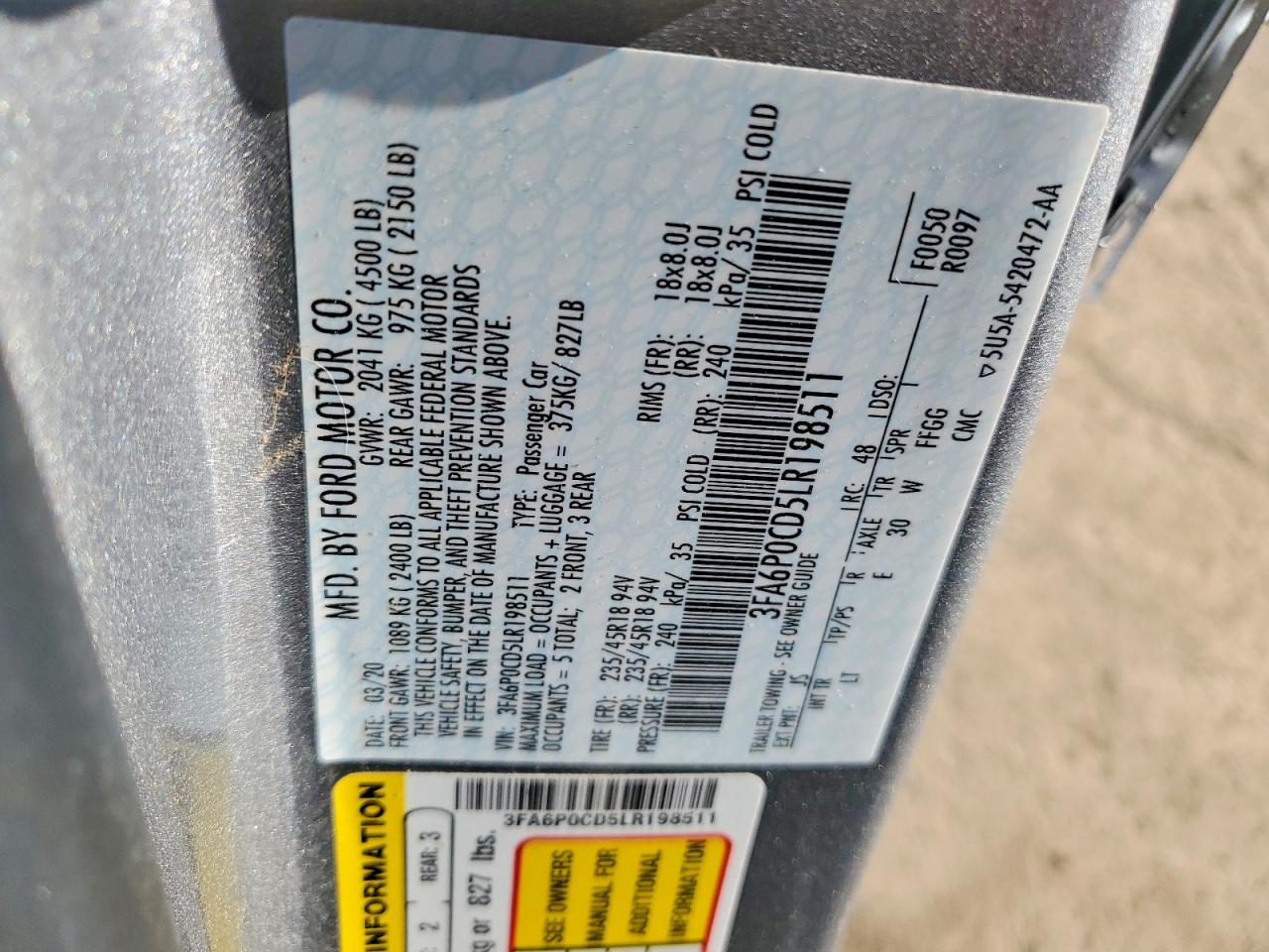 2020 FORD FUSION SEL photo 12