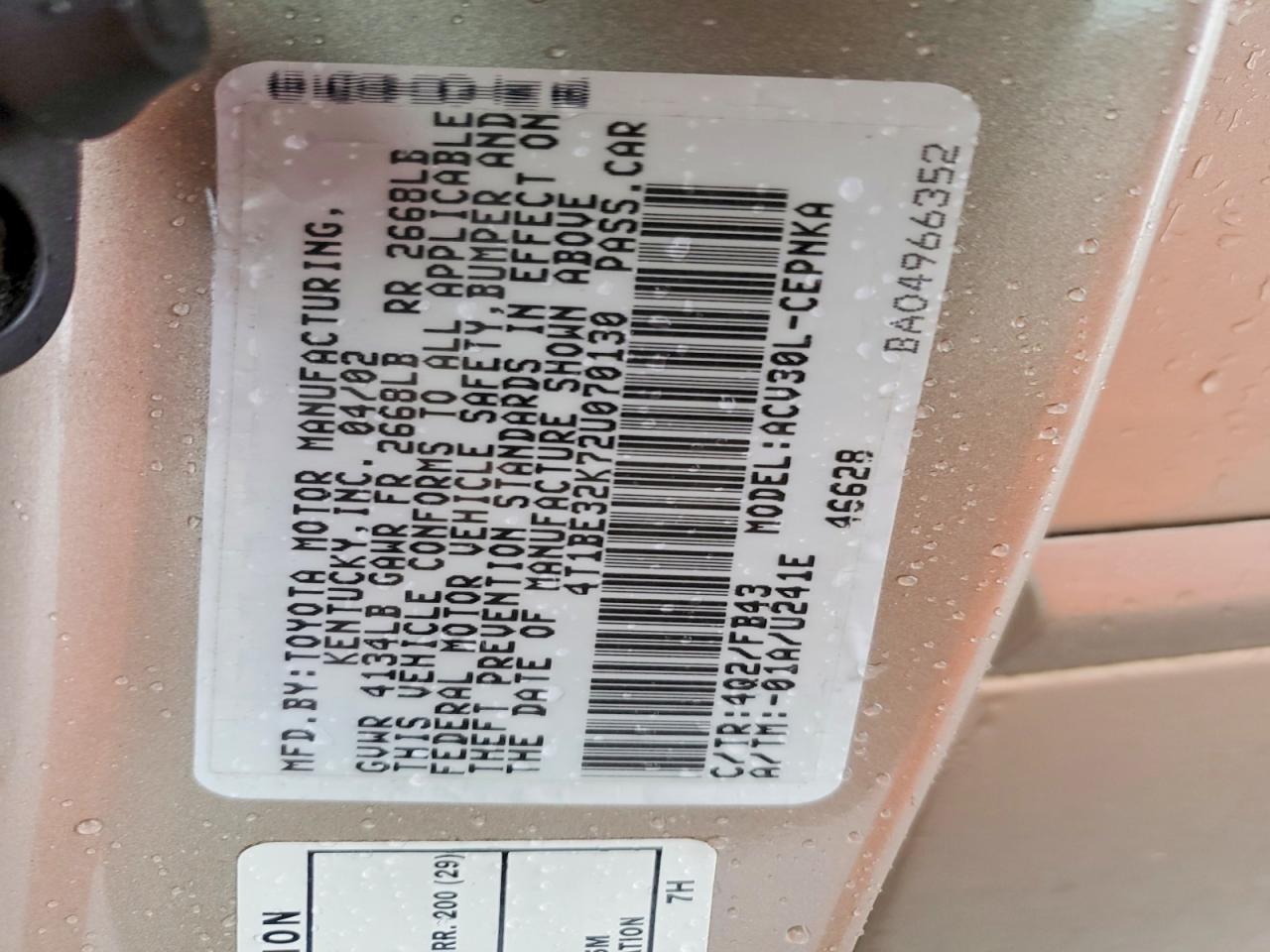 2002 TOYOTA CAMRY LE photo 12